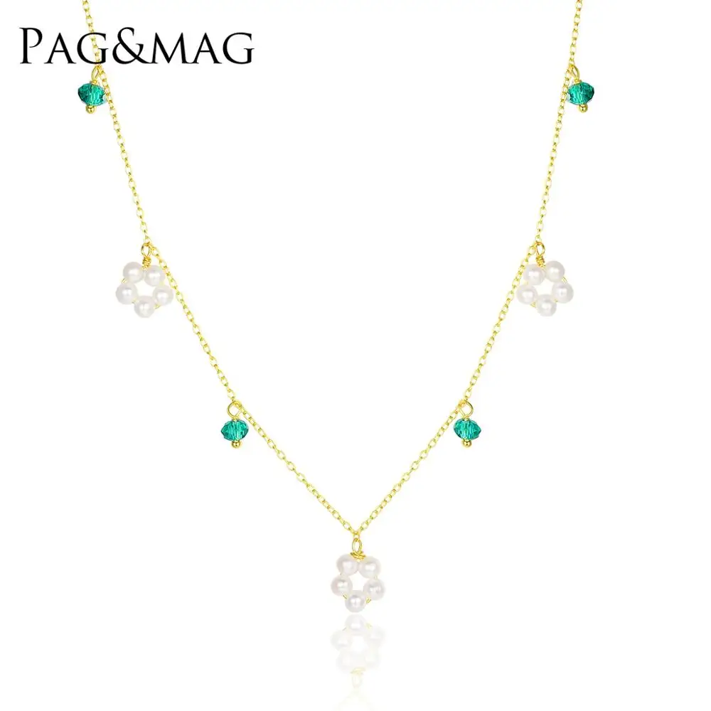 PAG&MAG 925 Sterling Silver Choker Freshwater Beaded Crystal Charm Statement Necklace