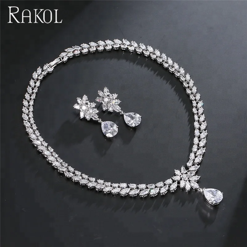 

RAKOL S062 Luxury Dubai style wedding jewelry set cubic zirconia teardrop necklace sets, As picture