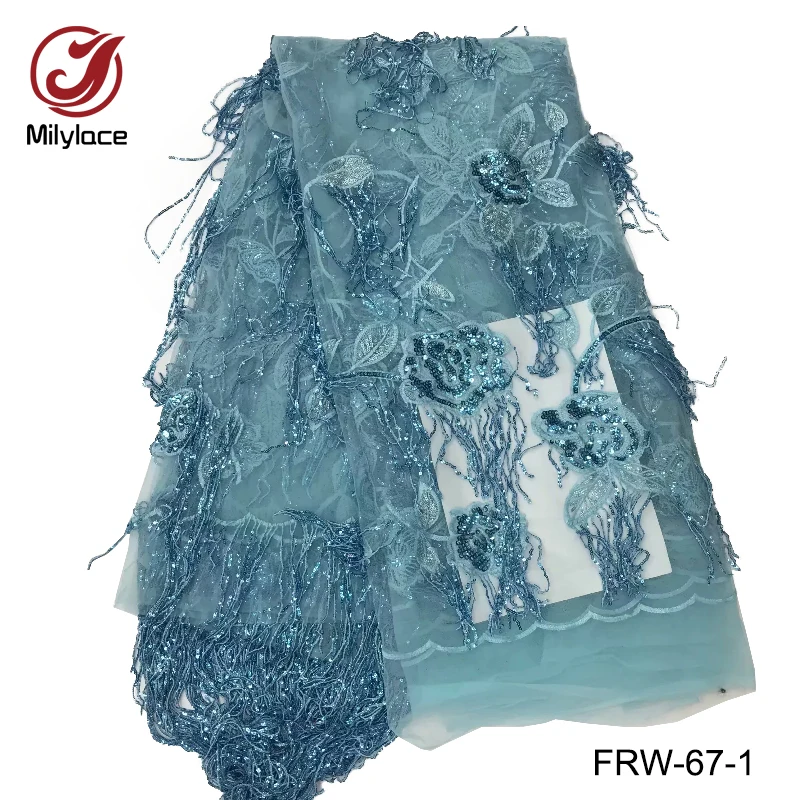 

Newest 3d lace fabric tassels design french lace fabric with sequins, 4 colors in stock