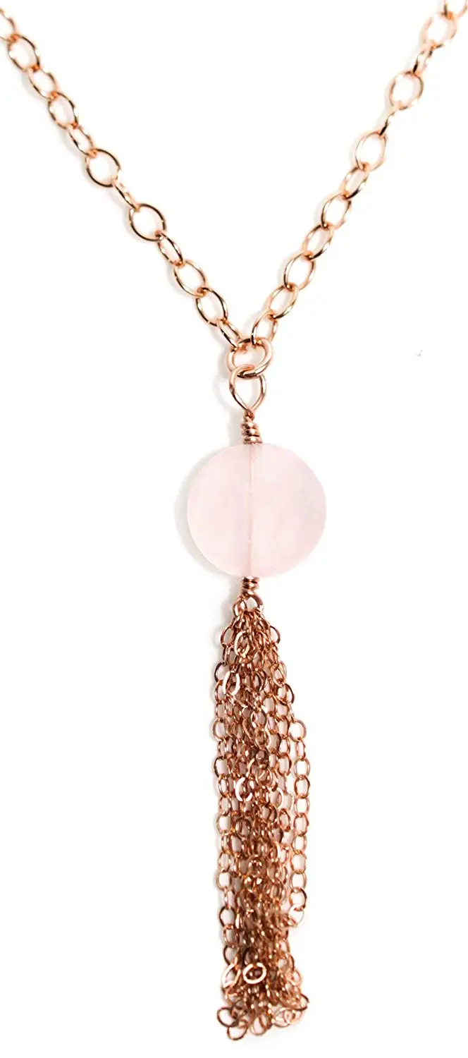 Boho Rose Gold Rose Quartz Long Fringe Necklace - 14k Filled Gemstone Jewelry Gift - Graduation