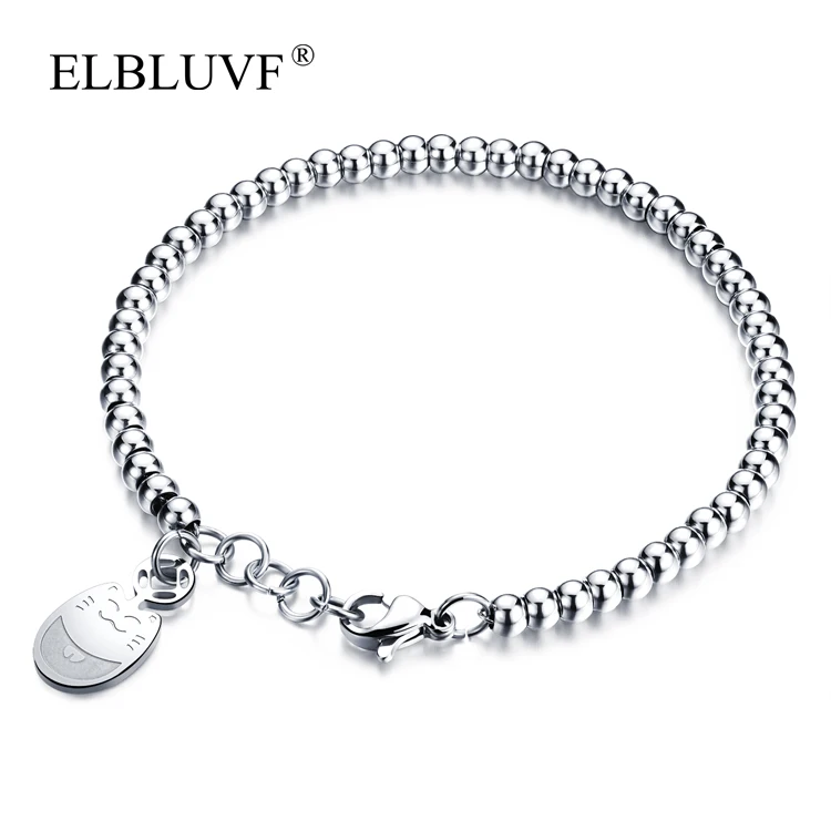 

ELBLUVF Stainless Steel jewelry Fortune Cat Pendant Bracelet Ball Chain For Girls Wholesale, Rose gold , steel color