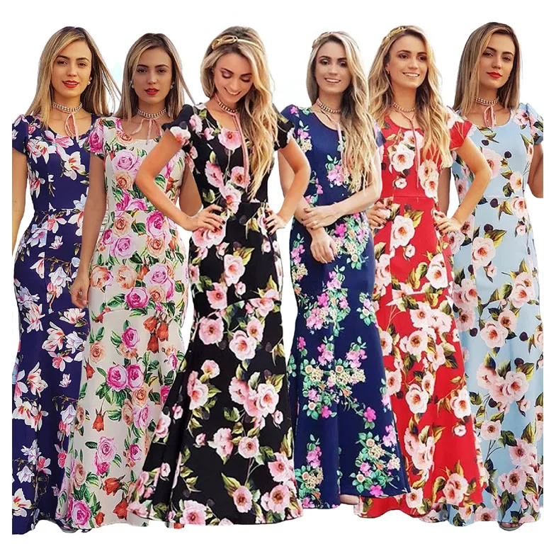 

Women clothes short sleeve floral print mermaid casual maxi long dress, 6 colors