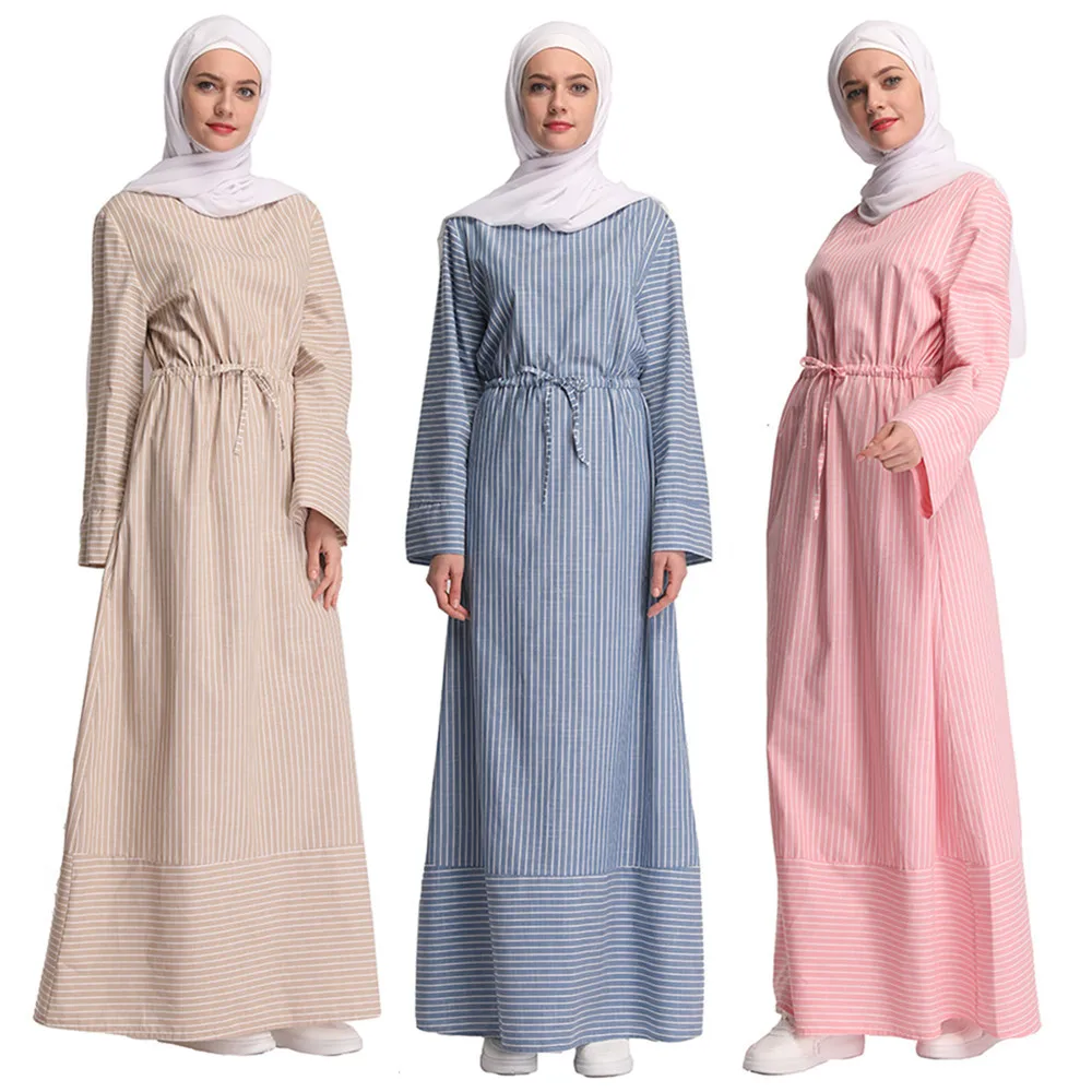 

Hot style simple sweet stripe lace long middle eastern dress, Cream, pink, blue
