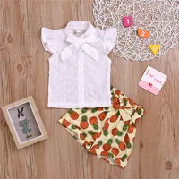 

2019 New fashion cotton lace bow top + Pineapple printing shorts girls clothes two piece summer kids clothing set