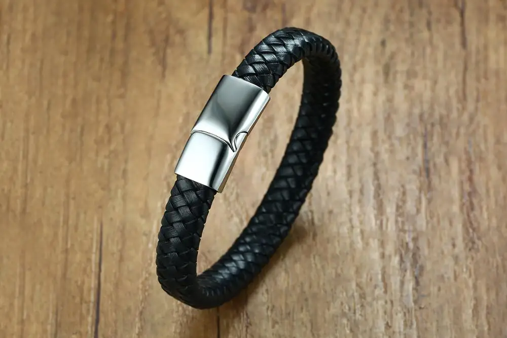 
Classic stainless steel bracelet black leather woven hand chain 