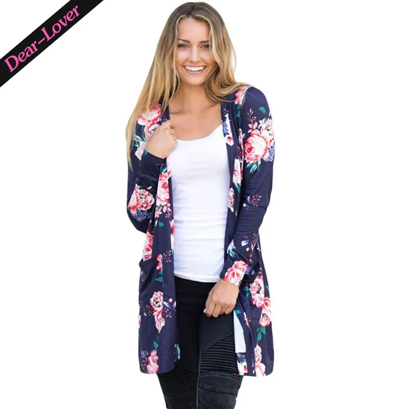 

2017 New Arrival Ladies Long Sleeve Floral Cardigan With Pocket, As shown