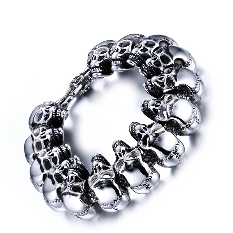 

Halloween Jewelry Vintage Punk Gothic Skull Head Charm Bracelet Men Stainless Steel Ghost Bracelet, As picture or your requirment