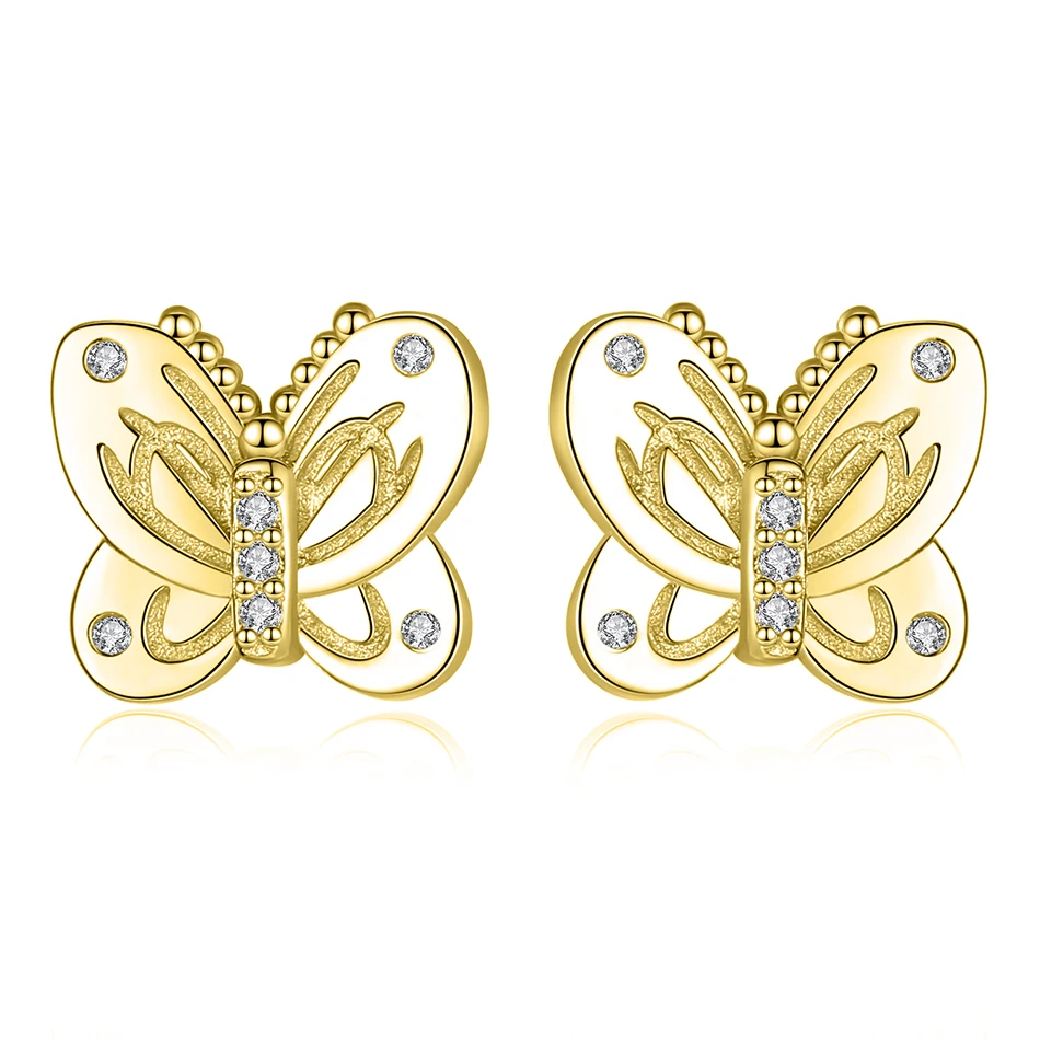 

Luxury 100% 925 Sterling Silver Earrings Crystal Gold Butterfly Stud Earrings for Women Daily Party Jewelry