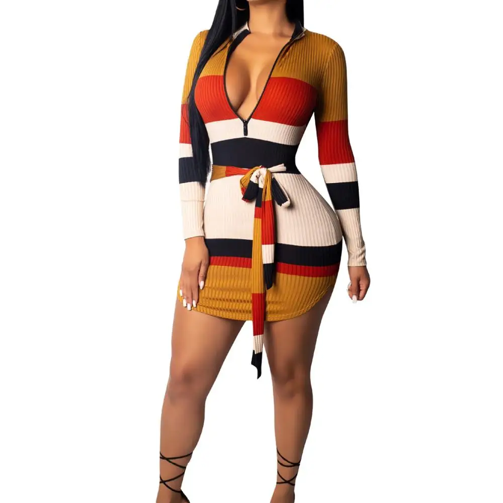 

New Design Ladies Sexy Skinny Dress Brown Zipper V Neck Color Striped Hot Party Club Mini Dress With Belt