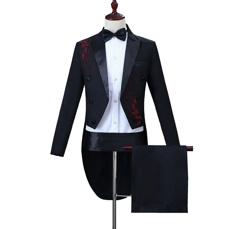 

Design Applique Men Host Long Blazer Tailcoat 2 Pieces Suit, Black