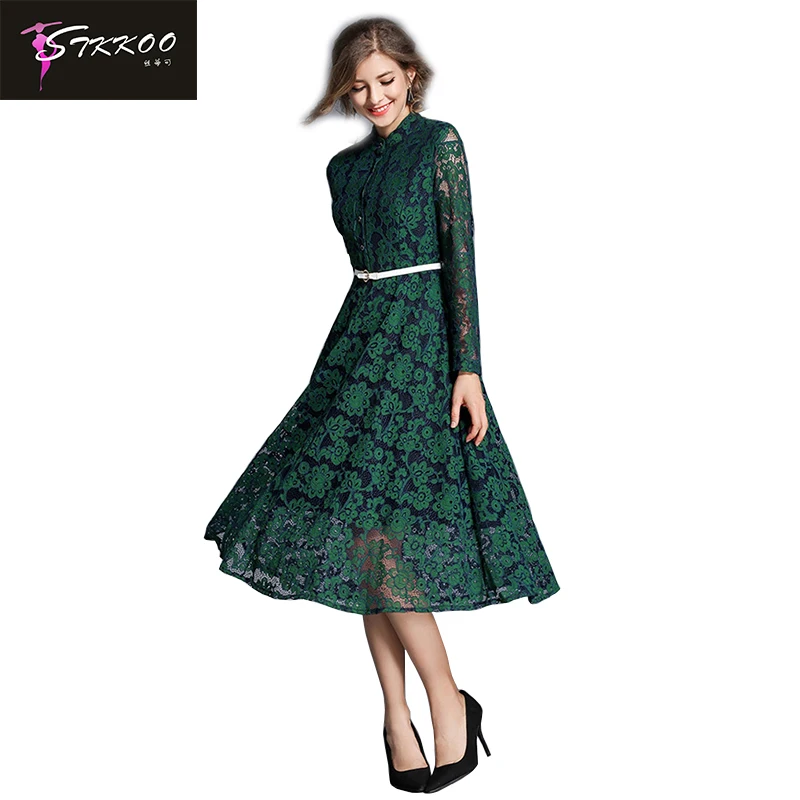 

Stand Collar Long Sleeve Green Lace Dress