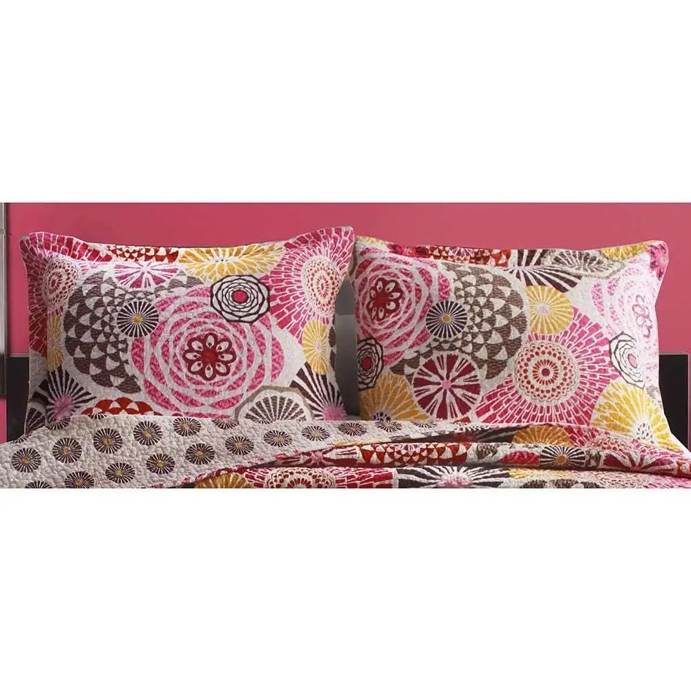 ON 2 Piece Pink Grey Yellow Geometric Pattern Pillow Shams Set King Size, Beautiful Multicolor Rich Mandala Motif Floral Design Pillow Cover, Vintage Designer Style, Abstract Colors, Cotton