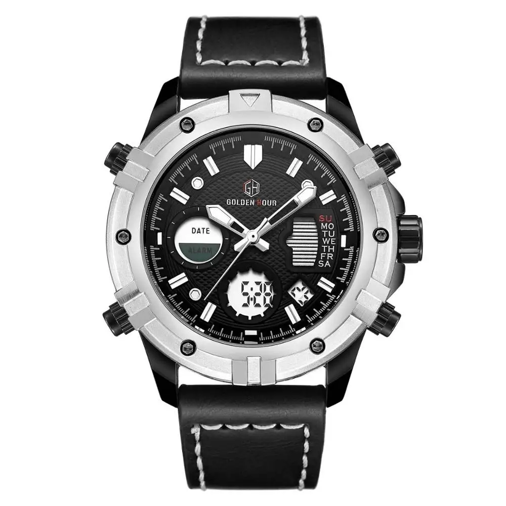 

GOLDEN HOUR Watch With Thick Leather Strap Multifunction Waterproof Dual Time Display Electronic Watch For Male Student Watch