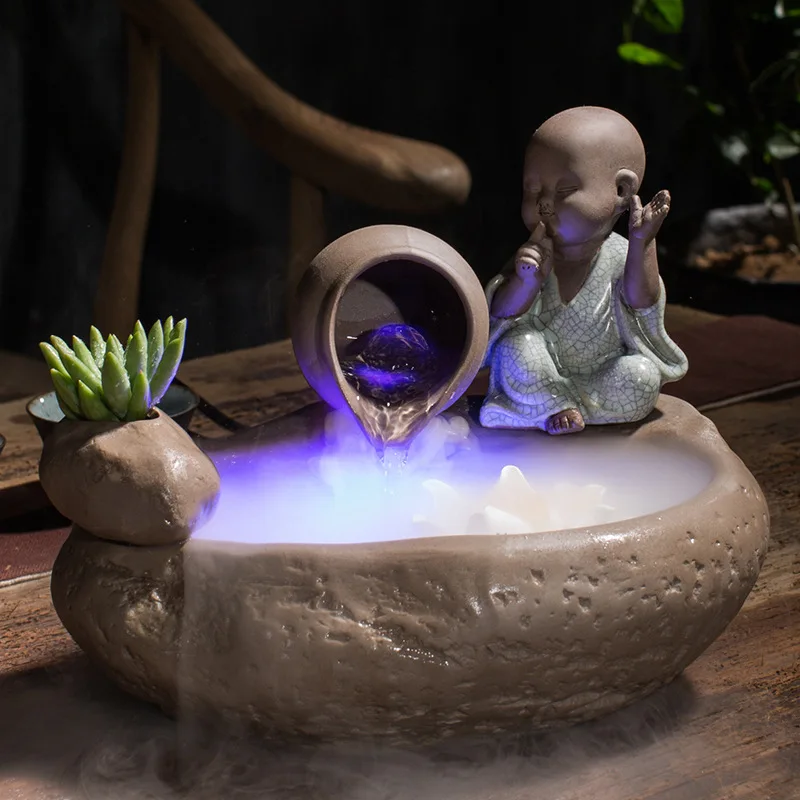 

Fountain Decoration Creative Resin Craft Home Decor Home Furnishing Little Monk Feng Shui Decoration Water Fountain Wheel Office, As picture