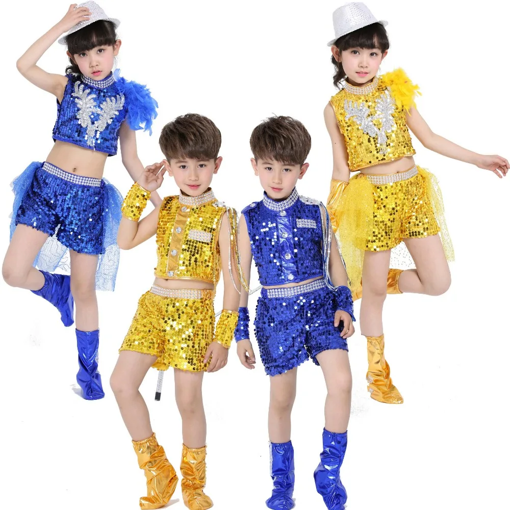 Children Blue Sequins Hip Hop Dance Costume