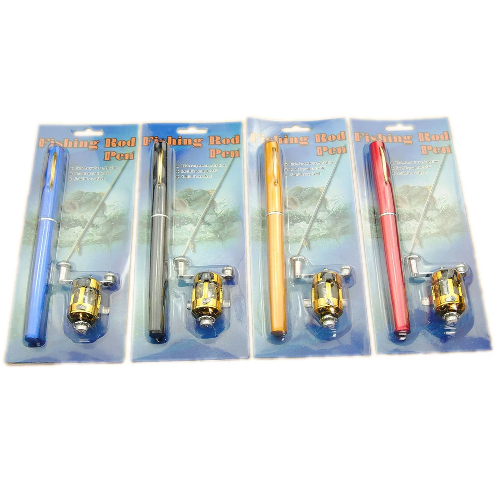 

Hot sale portable glass telescopic pocket mini pen fishing rod with reel, Blue/red/black/golden/siliver