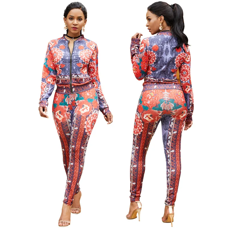 A3482 Russia Style Printing Ladies Long Sleeve Two Piece Zip Bodycon ...