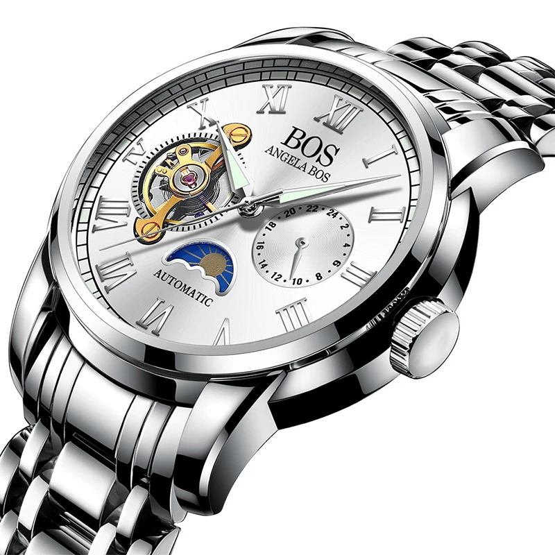 

BOS Brand Luxury Mens Watches Moon Phase 24 Hour Mechanical Skeleton Clock Stainless Steel angela bos Automatic Men Wrist Watch