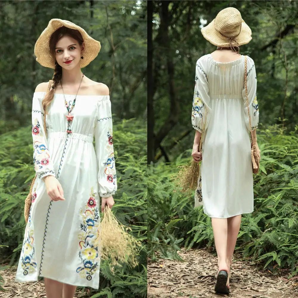 
Elegant Bohemian Embroidery Long Sleeve Drawstring Long Dress For Ladies 