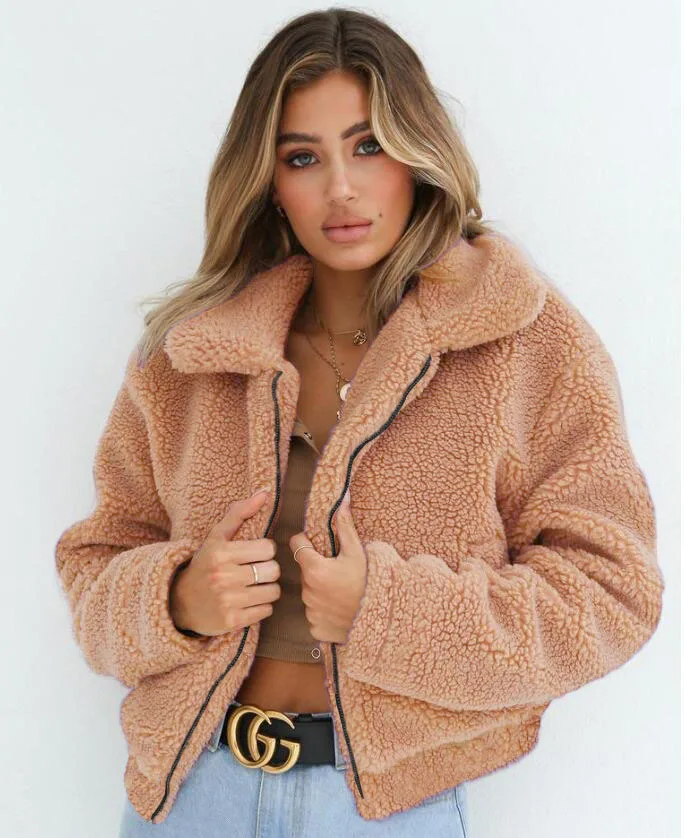 

Autumn and winter short coat women's new faux lamb camel coat warm collar