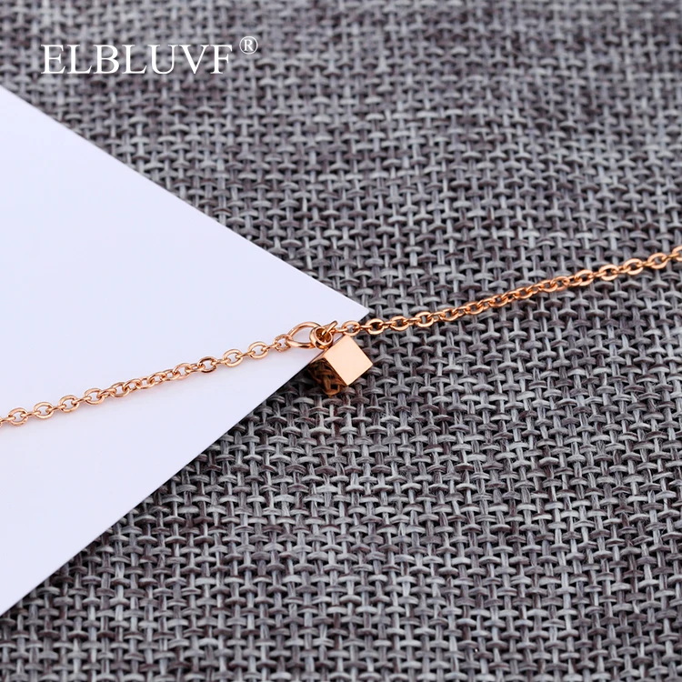 

ELBLUVF Free Shipping Stainless Steel Jewelry Rose Gold Plated Simple Square Shape Pendant Anklet