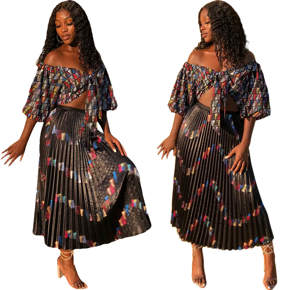 

FM-S3591 New good summer boho off shoulder ruffle print floral plaid two pieces dress top Bra woman skirt, As pictures