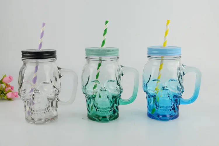 450ml Skull shaped color printing glass mason jar handle cup drinking glass bottle with Lids and Straw