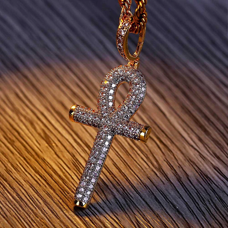 

Full Zircon Paved Bling Ice Out Egyptian Ankh Cross Pendant Necklaces Brass Men Hip Hop Rapper Necklace Jewelry (KHP053), As picture