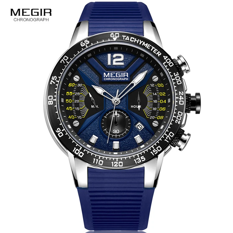 

MEGIR 2106 Sports Chronograph Quartz Watches for Men Silicone Strap Waterproof Luminous Wristwatch Man Blue