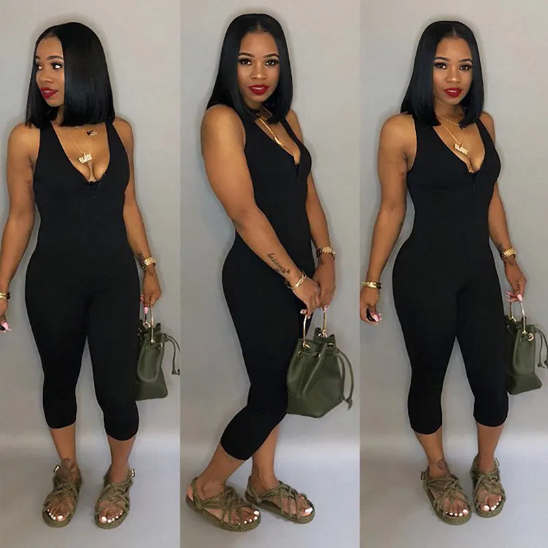 

L55616 Wholesale Black Sleeveless Deep V Neck Zipper Jumpsuit