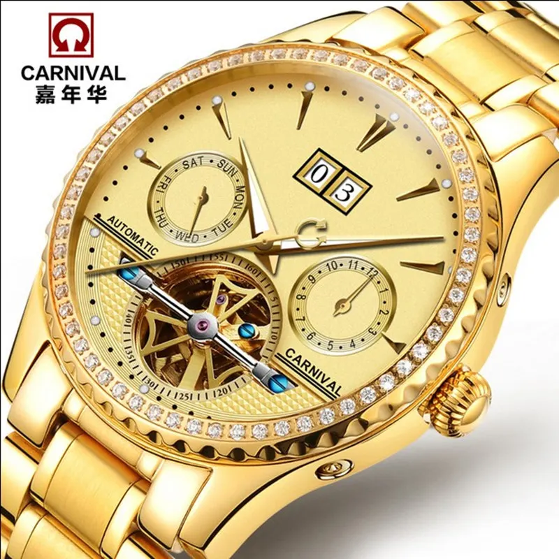 

Best Seller Carnival Automatical Chronograph Wrist Watches Men Sapphire Window relogio masculino, Gold