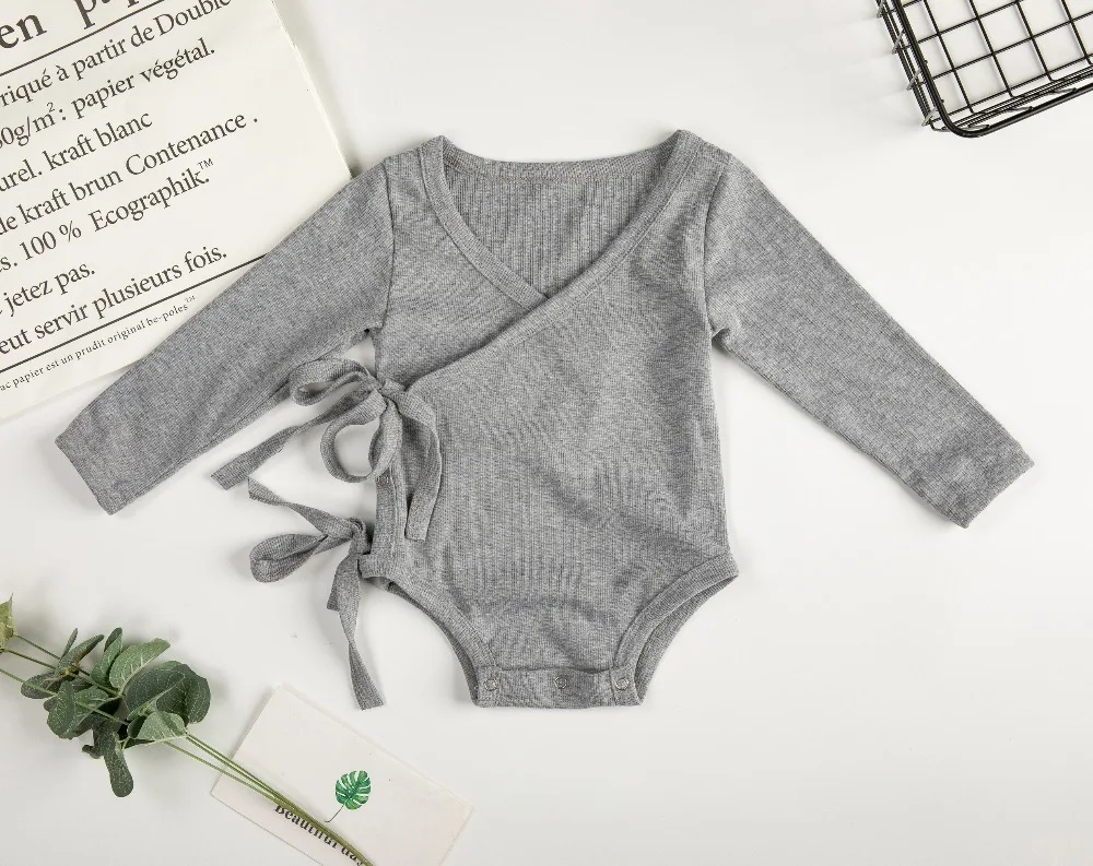 

2019 new autumn babys solid pure gray tie romper 3TP0615