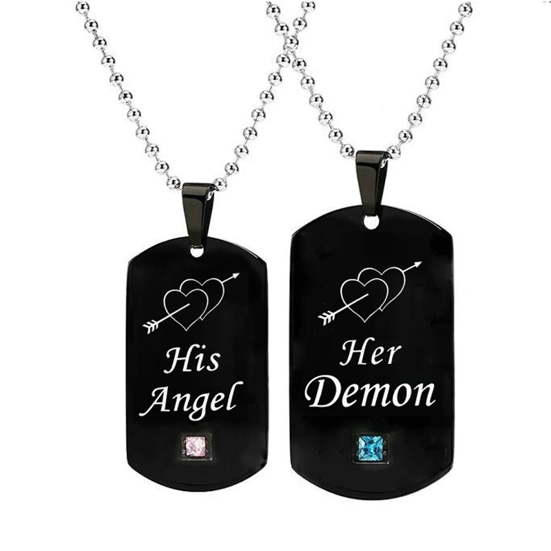 

Wholesale Stainless Steel His Angel Her Demon Heart Pattern Engraved Pendant Couple Necklace, Black