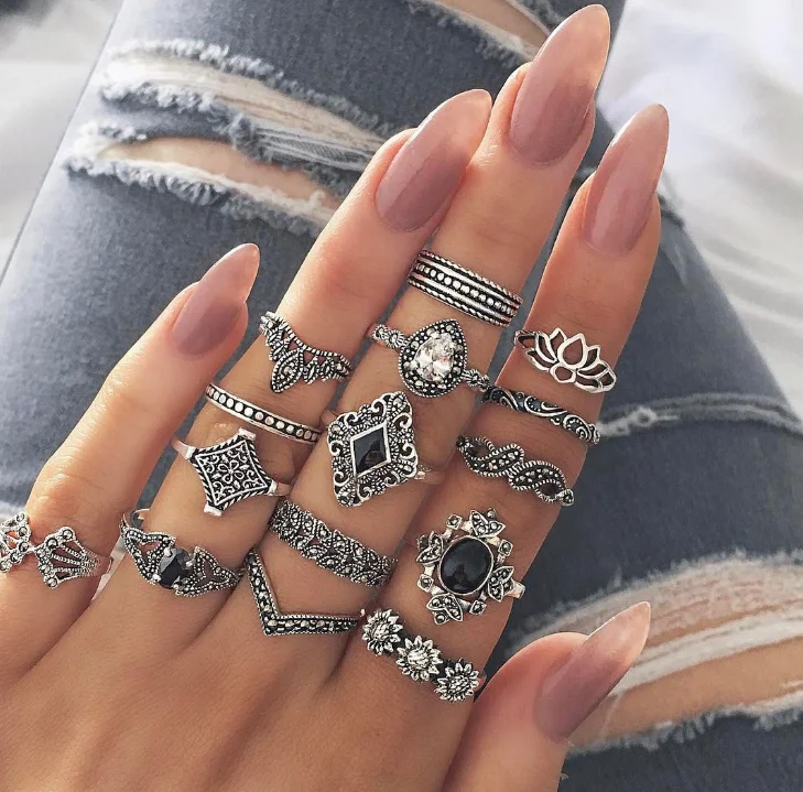 

Vershal 15pc/set ring carved Cubic zirconia ring set ladies retro boho fingertips party ring girl punk jewelry gift, Silver