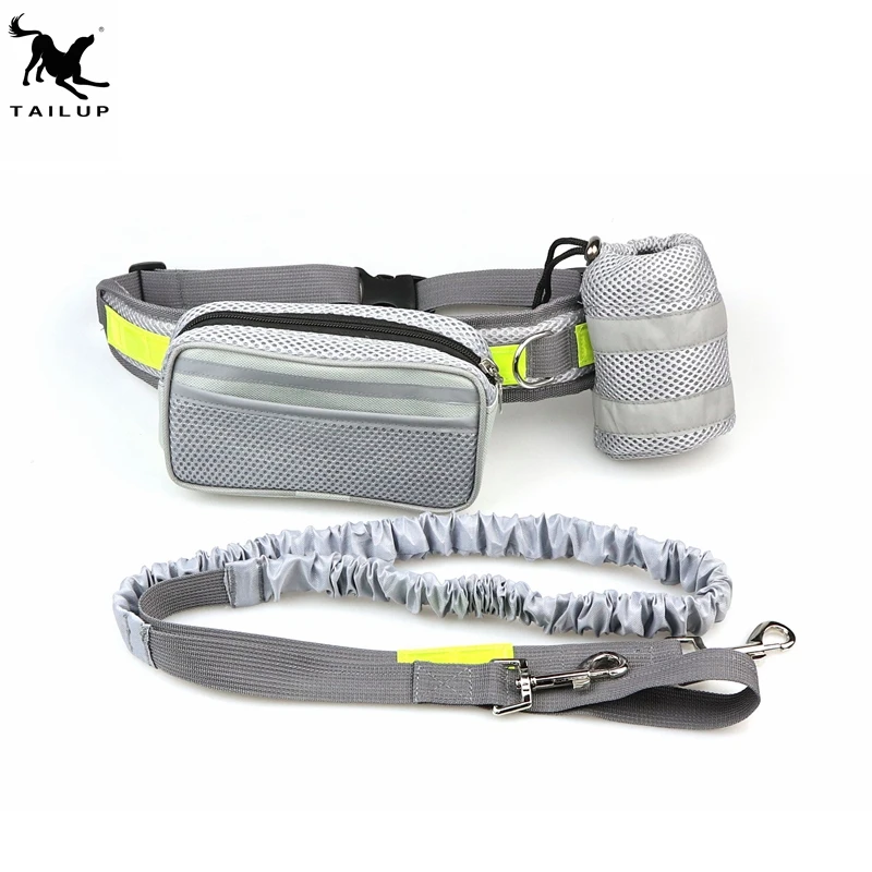 

Bungee Hands Free Dog Leash for Running Walking Hiking with two removable waist pockets, Black, grey