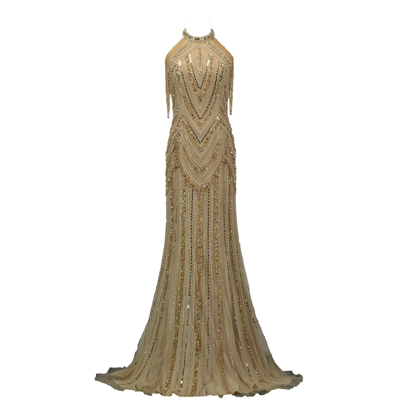 

LSYY007 halter neck dress designs beaded gold long gown dress
