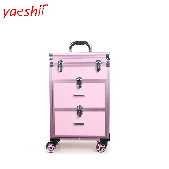 

Yaeshii professional aluminum rolling trolley beauty box vanity storage makeup travel case with drawers, Pink/black/black+gold/red