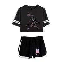 

2019 Summer Bts Tracksuit Two Piece Set Cotton Printed Striped T Shirt Bts Kpop Album Woman Suit Shorts Crop Tops + Shorts Pants