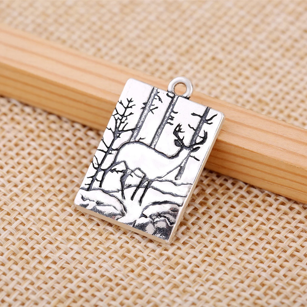 

Deer Wapiti in the Forest Animal vintage pendants in jewelry making 3D landscape rectangle shape DIY Charm