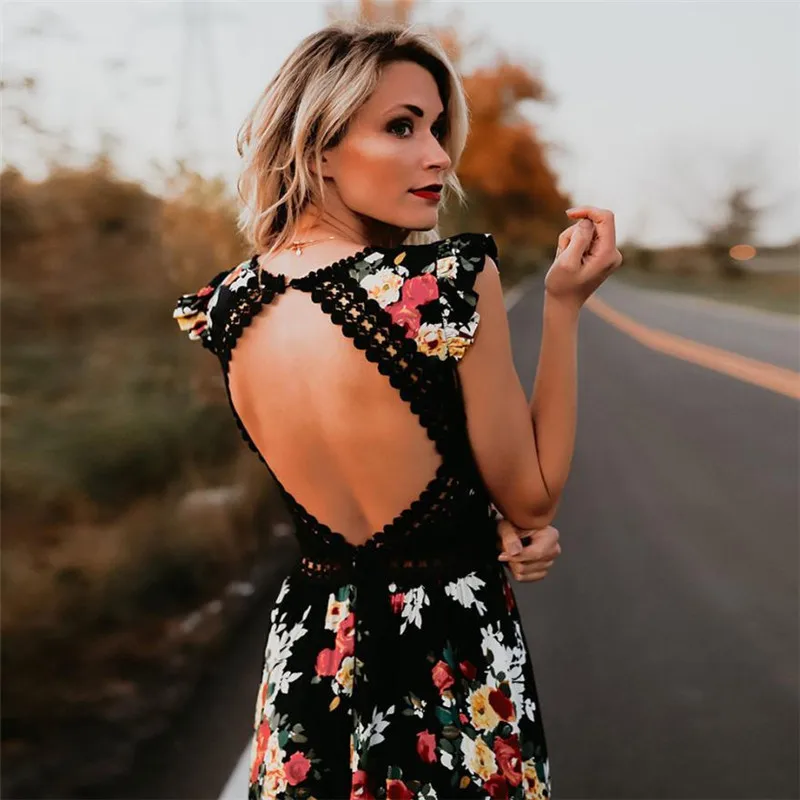 

Women's 2019 Fashion Sexy Hollow-out Backless Printing Irregular Dovetail Dress, Picture color