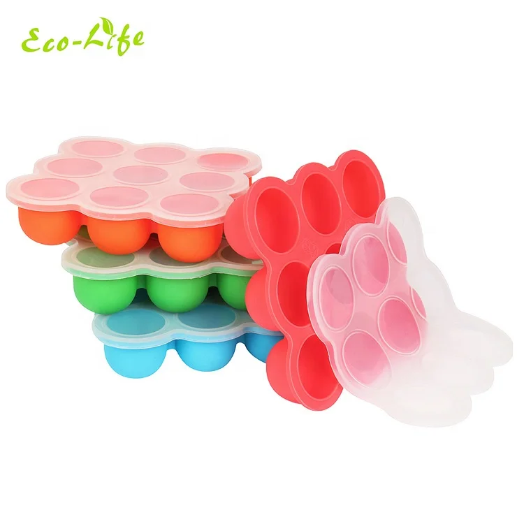

Silicone 9 Cavities Baby Food Container and Freezer mold Tray with lip-on Clear Lid, Green;blue orange;red or any pantone colors