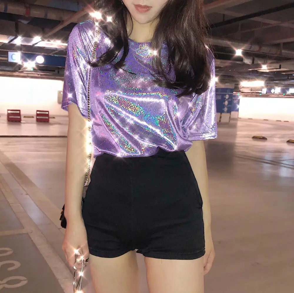 2019 summer New arrival glitter top woman fashion flash t-shirt ladies