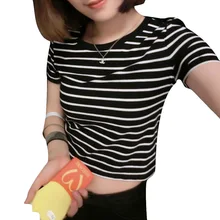 New 2016 Women Tops Summer Ladies Tshirt Sexy Crop Tops Striped Short sleeved T shirt Short