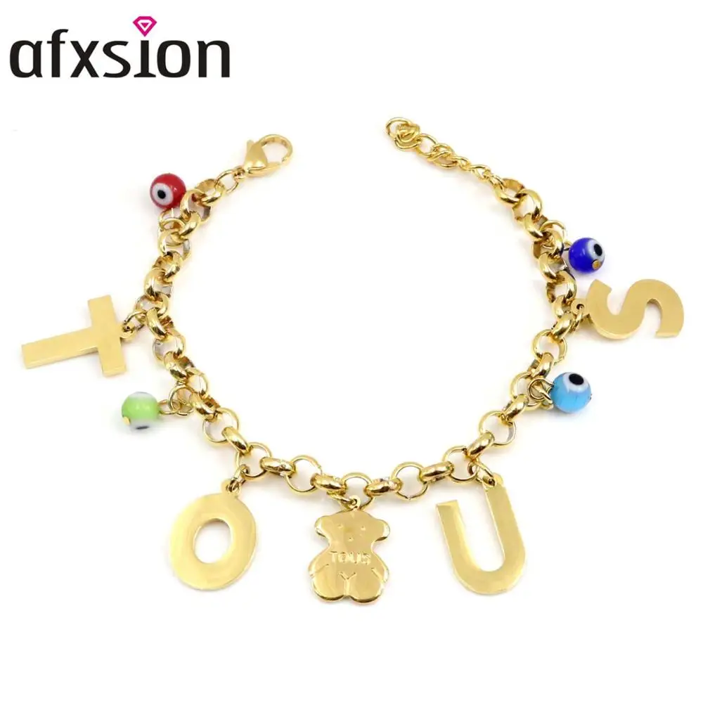 

AFXSION 2018 new design jewelry stainless steel colored stone Letter pendant bracelet stainless steel bracelet, Gold/silver