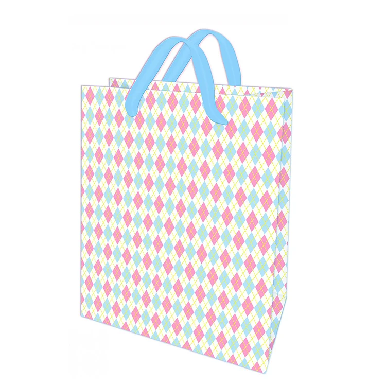 Fancy Low Price Pink Easy Carry Small Floral Christmas Paper Bag With Blue Handle