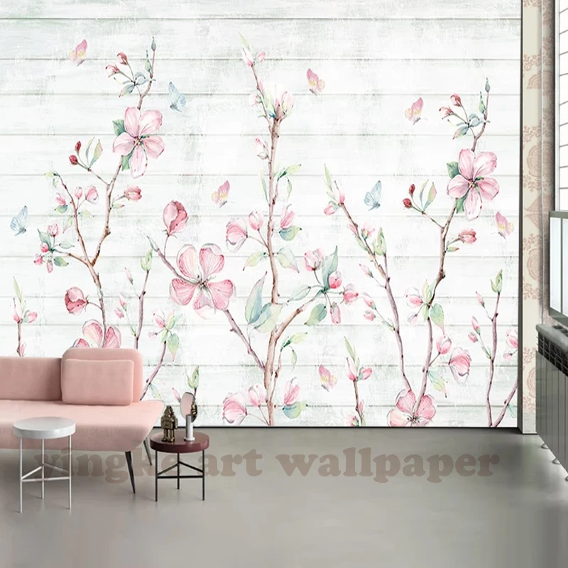 
Photo Wallpaper hand painted watercolour sakura wood grain Mural Living Room Bedroom Decor Wallpaper butterfly floral Wallpapers 