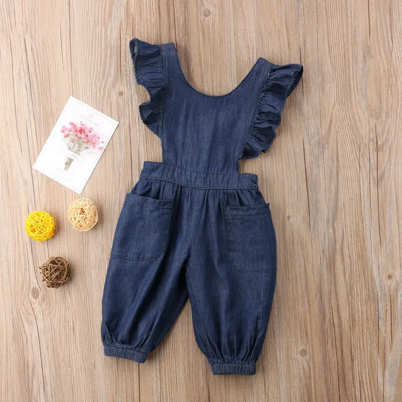 

wholesale Kids Toddler Baby Girl Ruffle Backless Denim Romper Jumpsuit With Pockets Overalls