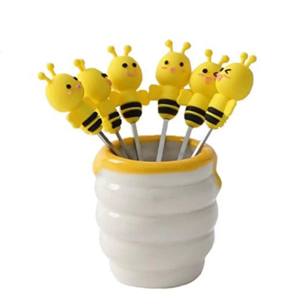 Cartoon Salad Fork Set 6pcs Mini Cute Bee Shape Forks Dessert Forks Fruit Forks Holder Set Dinnerware Set (bee)