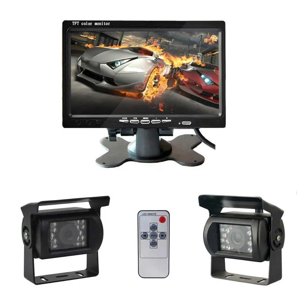 Podofo 7" Lcd Dual Backup Camera Car Rear View Monitor Kit 18 Ir Led Night Vision Rearview