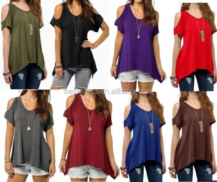 

Womens Hanky Hem Top Ladies Cut Out Cold Shoulder Short Sleeve Basic S-5XL